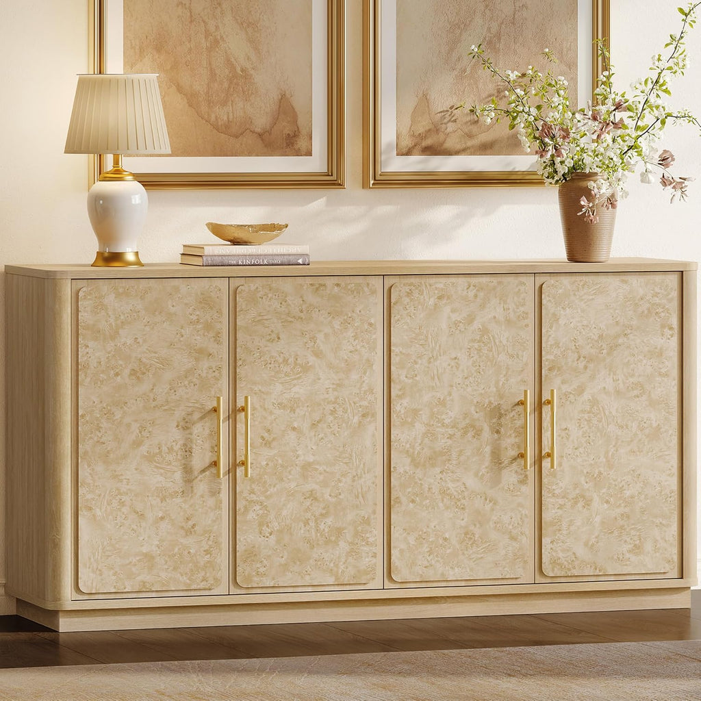 SICOTAS Buffet Cabinet with Storage - 59" Burl Sideboard Cabinet with 4 Doors Luxury Storage Cabinet Accent Credenza Large Media Console Table for Living Room Dining Room Entryway Kitchen