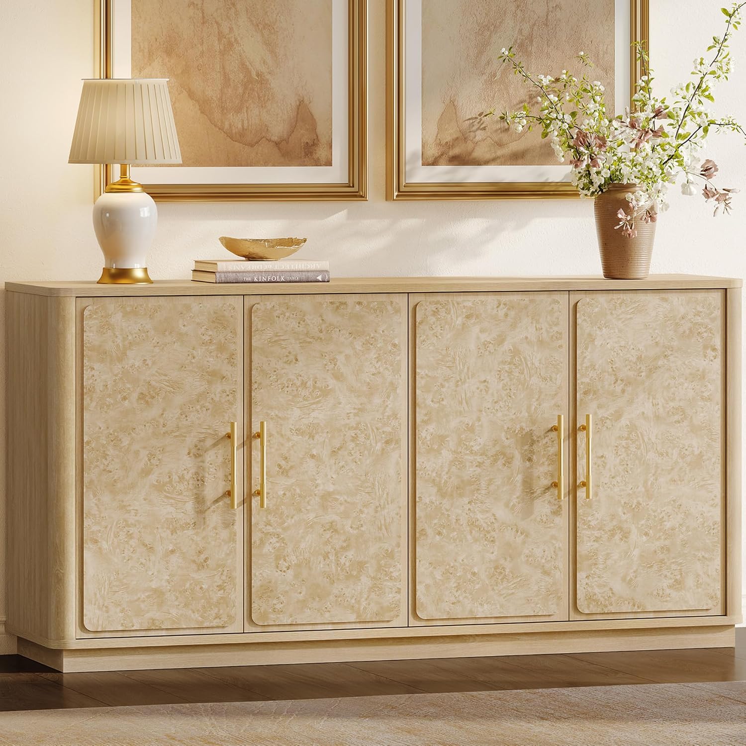 SICOTAS Buffet Cabinet with Storage - 59" Burl Sideboard Cabinet with 4 Doors Luxury Storage Cabinet Accent Credenza Large Media Console Table for Living Room Dining Room Entryway Kitchen