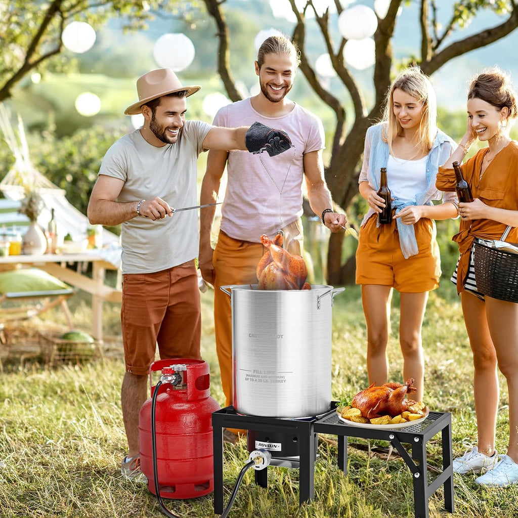 ROVSUN 30QT Turkey Fryer & 10QT Fish Fryer Kit w/ 55,000BTU Propane Stove, Aluminum Outdoor Deep Fryer & Seafood Boiler Steamer w/Baskets, Thermometer, Marinade Injector, Turkey Rack & Rack Lifter