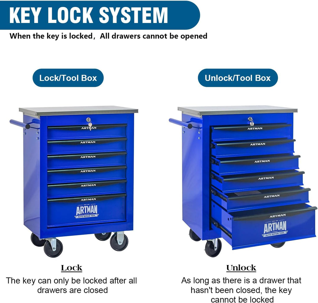 6-Drawer Rolling Tool Chest with Stainless Steel Countertop,Tool Chest with Secure Locking System,Mobile Storage Tool Cabinet with 360°Wheels and Padded Feet,for Home,Garage (Blue)