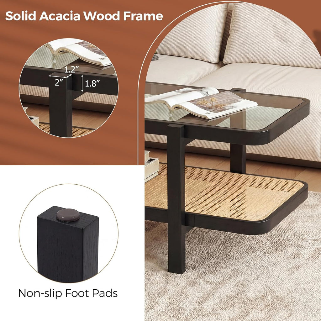 Giantex Rattan Coffee Table, 47.5" Rectangle Solid Wood Tea Table w/Tempered Glass Tabletop, Rattan Storage Shelf, 2-Tier Boho Coffee Tables, Farmhouse Center Table for Living Room (Black)
