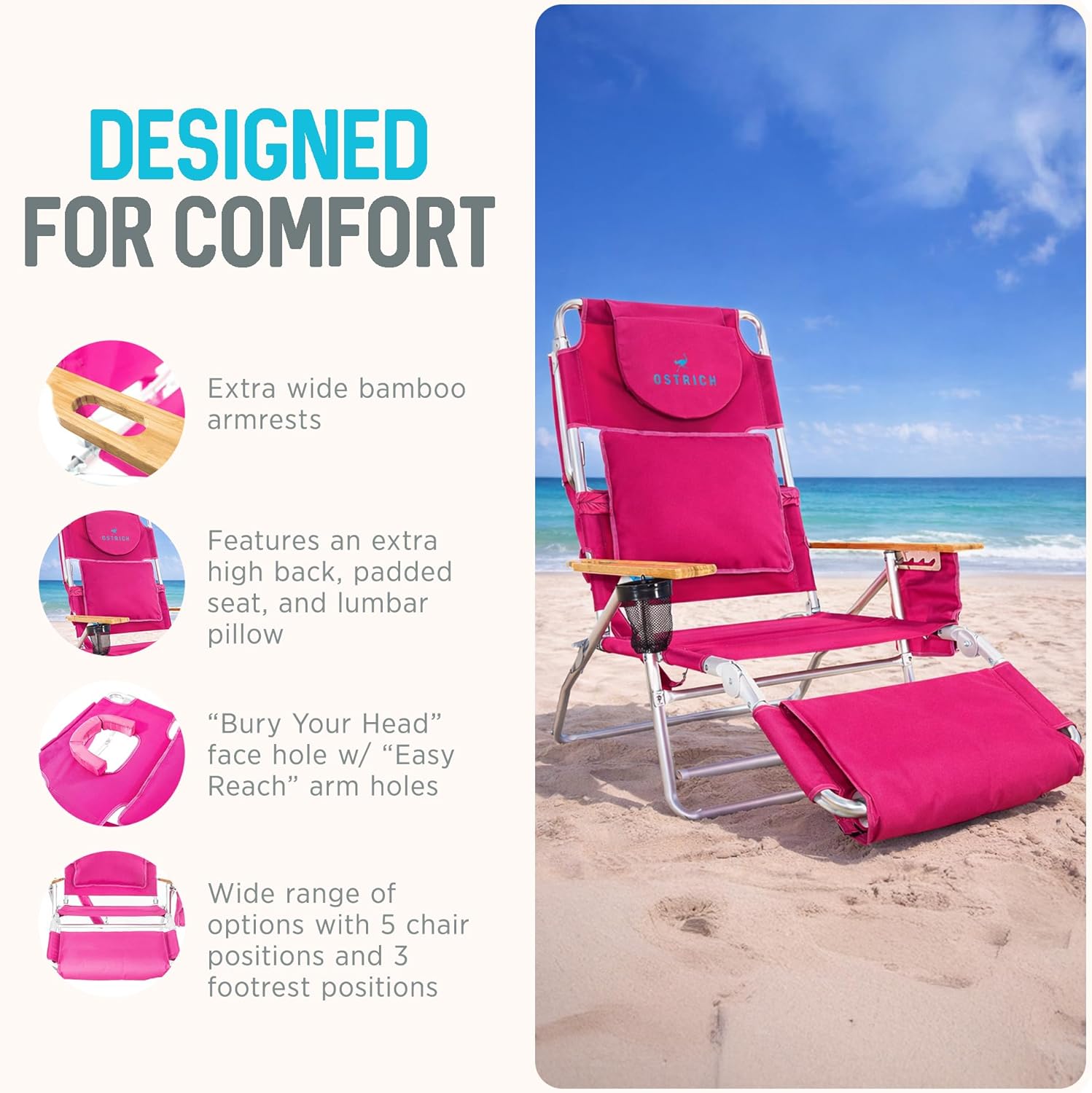 Ostrich the Deluxe 3N1 Lightweight Lawn Beach Reclining Lounge Chair with Footrest, Outdoor Furniture for Patio, Balcony, Backyard, or Porch, Pink