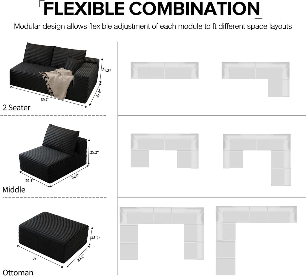 139.4" Modular Sectional Sofa Couch, Oversized U-Shaped Minimalist Couches with 2 Ottomans Chaise and 2 Middle Seats, Modern Deep Seat Cloud Plush Corduroy Sofas Set for Living Room, 8 Seater, Black