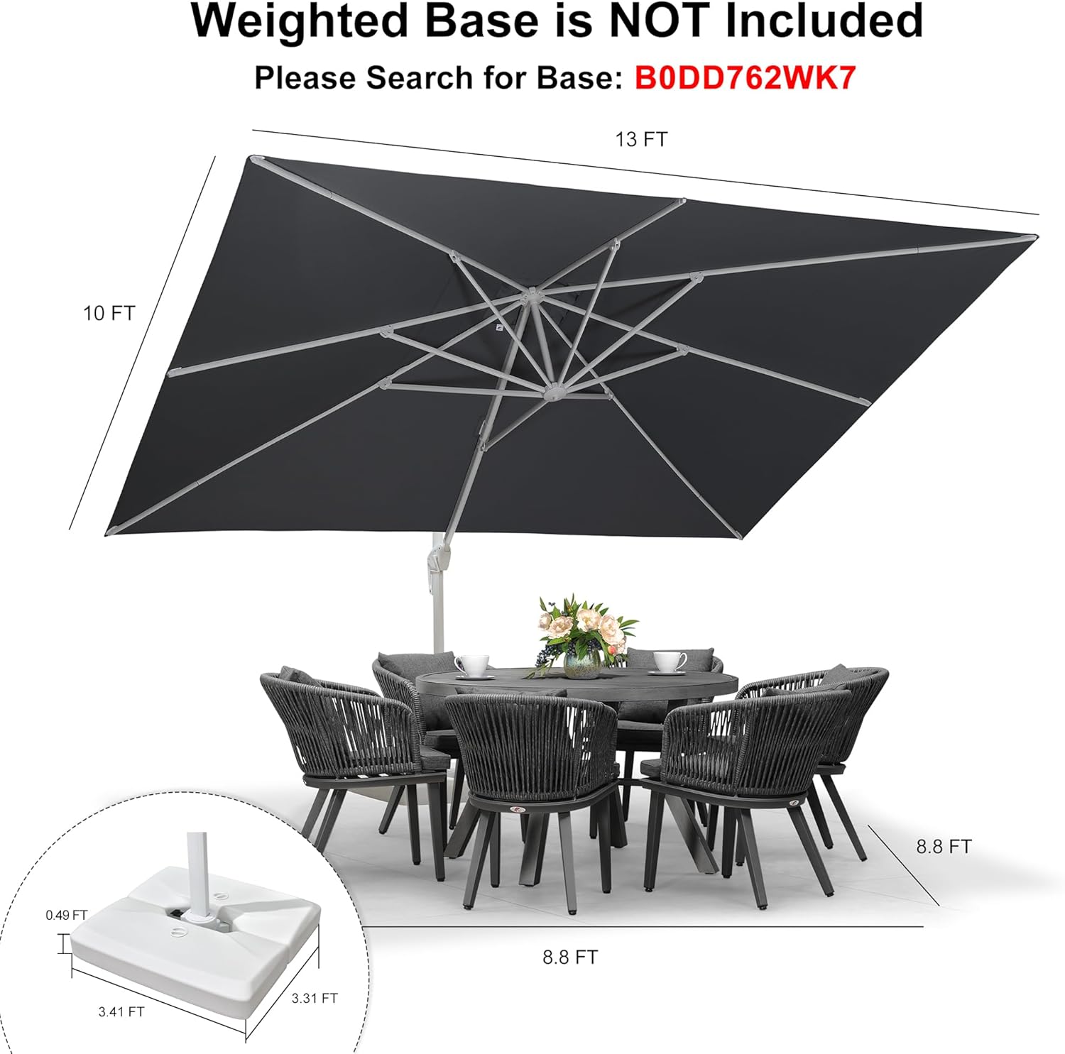 PURPLE LEAF 10' × 13' Patio Umbrella White Cantilever Umbrella Aluminum Square Outdoor Offset Umbrella Hanging Windproof with 360° Rotation for Garden Deck Pool, Light Grey