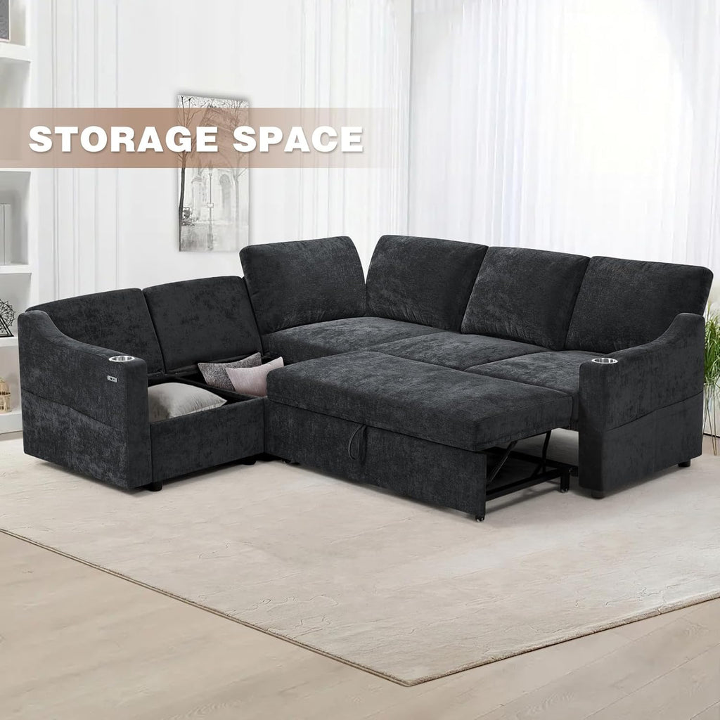 84" Chenille Modular Sleeper Sofa with Adjustable Backrests, Convertible Corner Sofa with USB Ports, L-Shape Sectional Couch with Pull-Out Bed & Storage Space for House, Living Room, Black