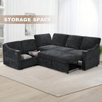 84" Chenille Modular Sleeper Sofa with Adjustable Backrests, Convertible Corner Sofa with USB Ports, L-Shape Sectional Couch with Pull-Out Bed & Storage Space for House, Living Room, Black