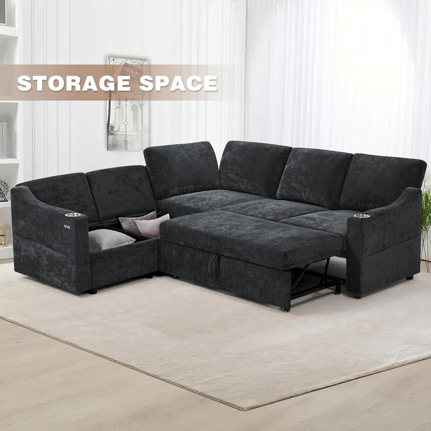 84" Chenille Modular Sleeper Sofa with Adjustable Backrests, Convertible Corner Sofa with USB Ports, L-Shape Sectional Couch with Pull-Out Bed & Storage Space for House, Living Room, Black