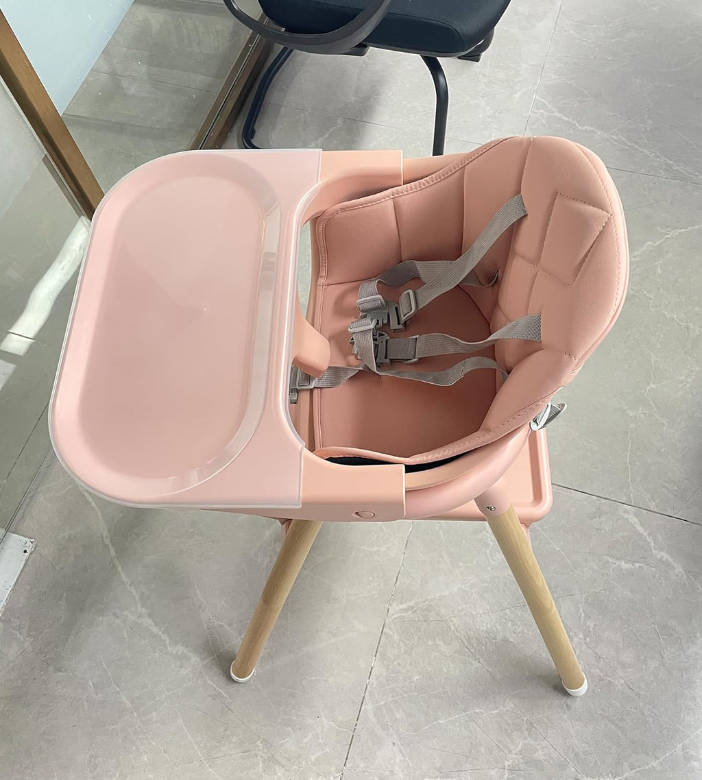 Baby High Chair, 6-in-1 Wooden Convertible High Chairs for Toddlers, Booster Seat with Double Tray & Reversible Footrest, 5-Point Harness, Pink