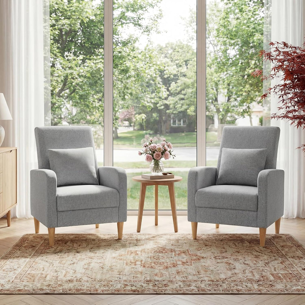COLAMY Mid-Century Modern Upholstered Accent Chair with Back Pillow & Solid Wood Legs, Fabric Cozy Armchair for Living Room, Bedroom, Reading Nook, Apartment & Small Spaces, Lightgrey