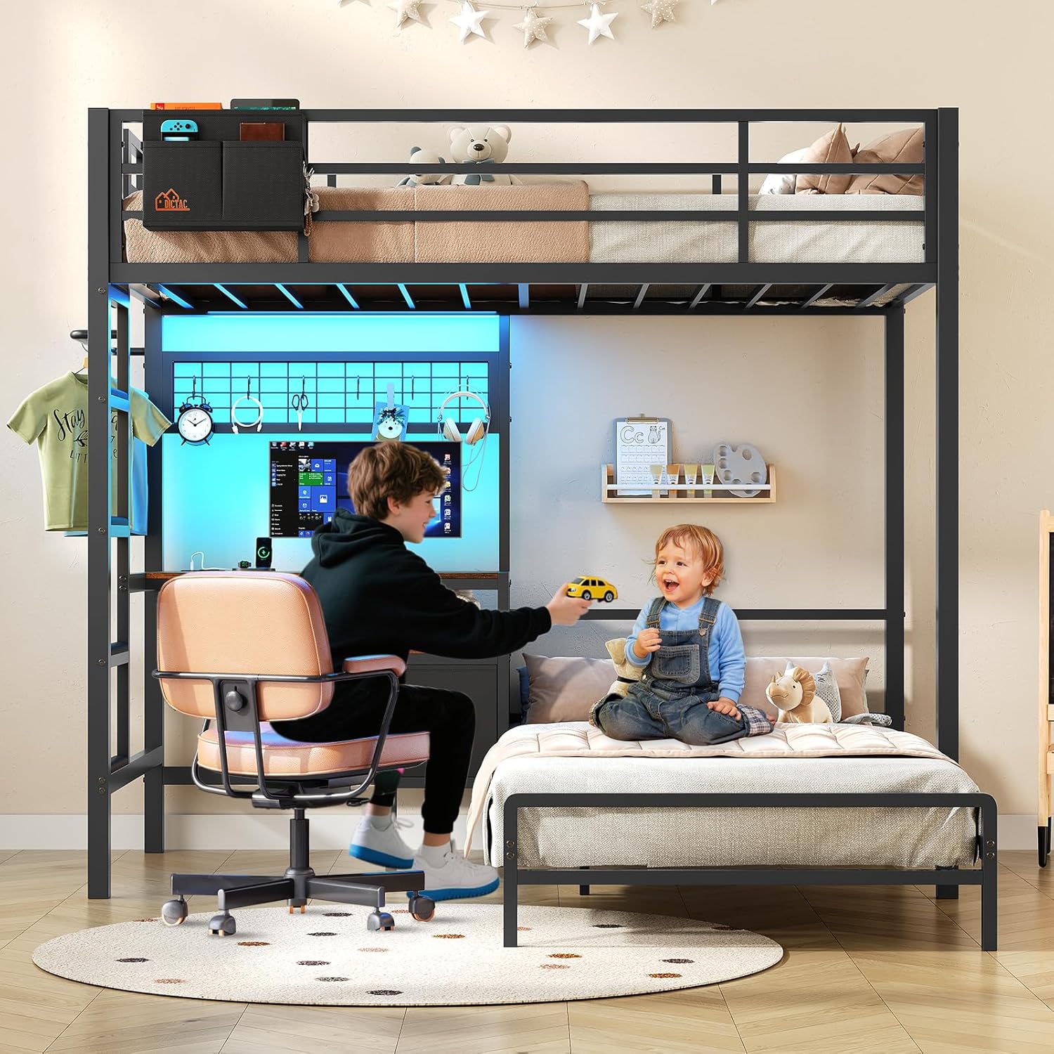 DICTAC Bunk Bed with Desk,Led Lights and Charging Station Twin Over Twin Bunk Beds with Storage Drawers and Shelves,Metal L-Shaped Kids bunk Bed with Safety Guardrail&Ladder,No Box Spring Needed,Black