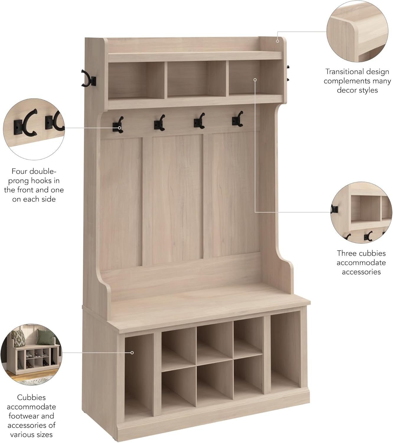 Bush Home Woodland 40W Hall Tree and Shoe Storage Bench with Shelves in White Washed Maple, Cubbies and Coat Hooks for Foyer, Mudroom or Entryway