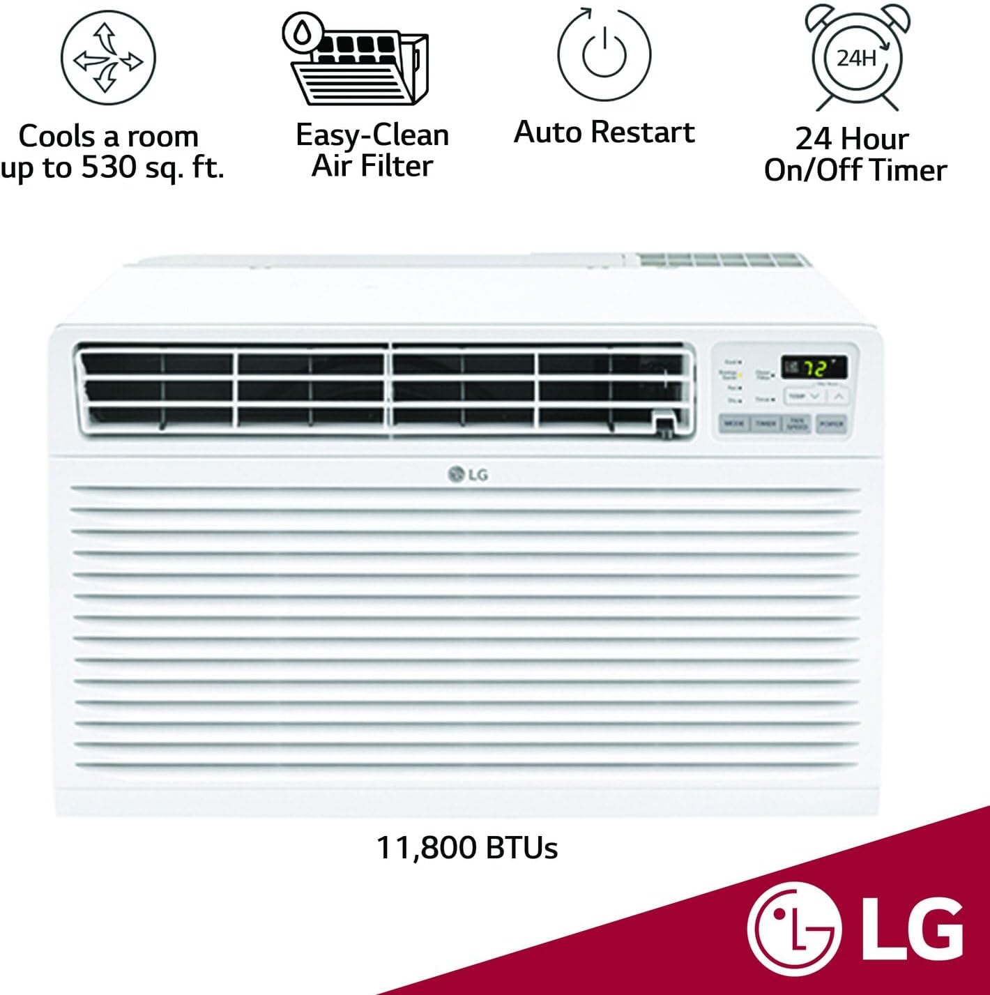 LG 11,800 BTU Through the Wall Air Conditioner, 115V, Cools up to 530 Sq. Ft. for Bedroom, Living Room, Apartment, with Remote, 3 Cool & Fan Speeds, Universal design fits most sleeves, White