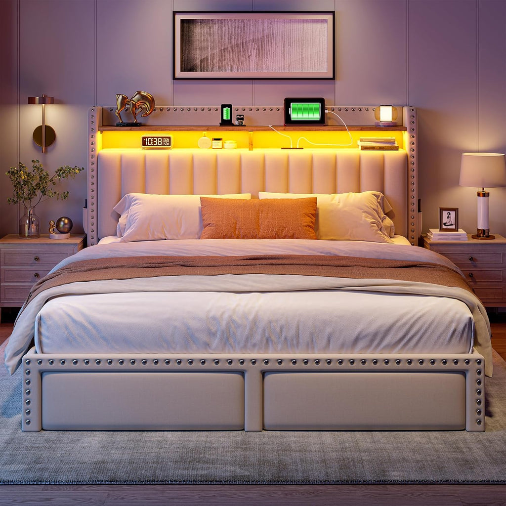 EnHomee Queen Bed Frame with 2 Storage Drawers, Upholstered Queen Platform Bed with LED Lights and Charging Station, Sturdy Wooden Slats Support, No Box Spring Needed, Noise Free, Beige