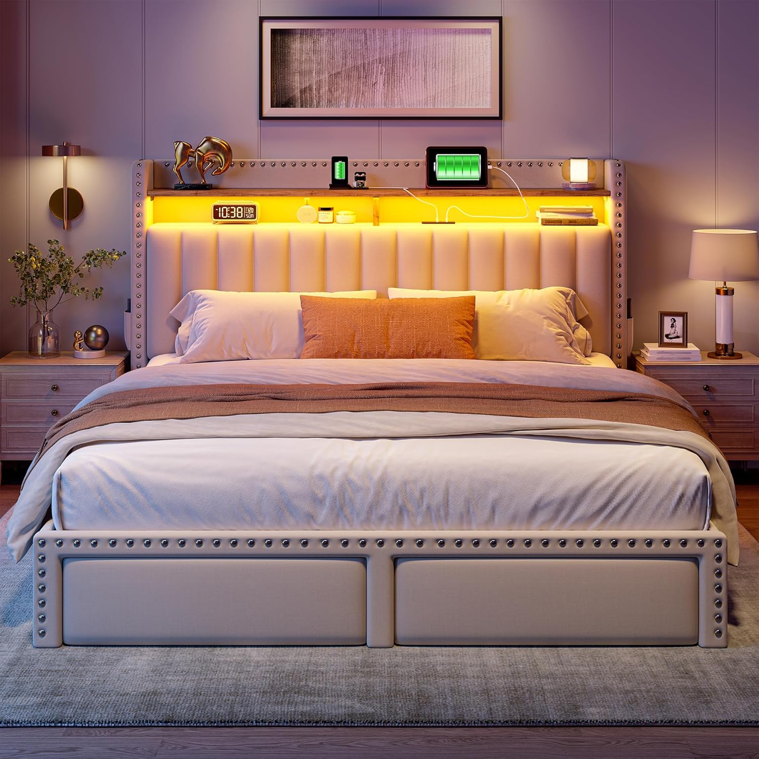 EnHomee Queen Bed Frame with 2 Storage Drawers, Upholstered Queen Platform Bed with LED Lights and Charging Station, Sturdy Wooden Slats Support, No Box Spring Needed, Noise Free, Beige