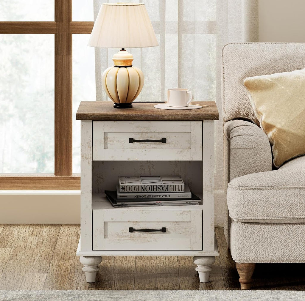 WAMPAT Farmhouse End Table Nightstand with Charging Station, Small Side Table with 2 Drawers & Shelf for Living Room, Light Wood Night Stand Bedside Table for Bedroom, Antique White