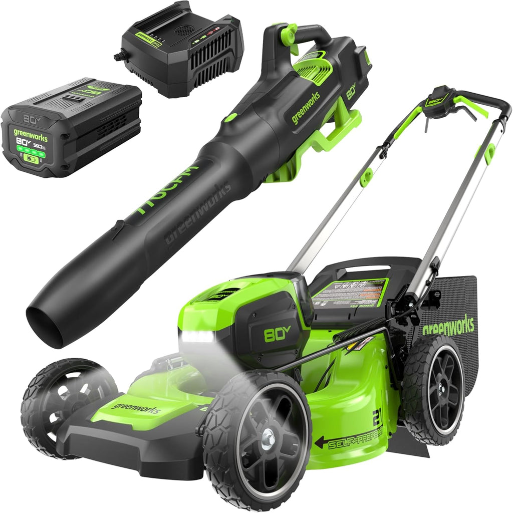 Greenworks 80V 21" Self-Propelled Lawn Mower + Blower (Gen 2)  5.0Ah Battery