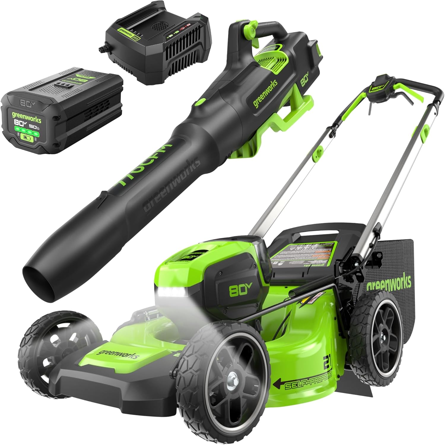 Greenworks 80V 21" Self-Propelled Lawn Mower + Blower (Gen 2)  5.0Ah Battery
