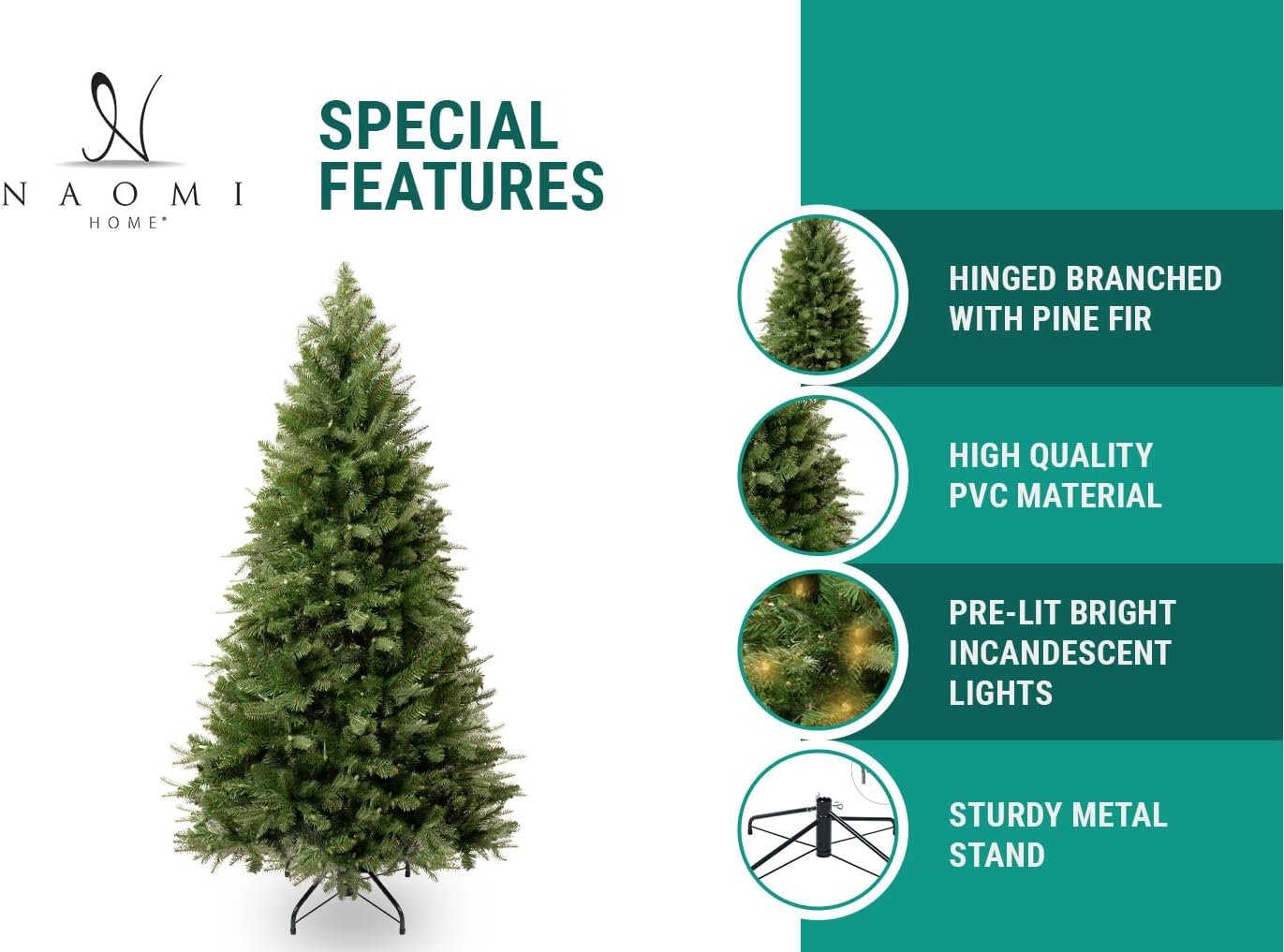 Naomi Home 7.5ft Christmas Tree with Lights, Realistic Fir Christmas Tree Prelit with 1746 Branch Tips, 550 Warm Lights and Metal Stand, Aritificial Tree, Árbol De Navidad