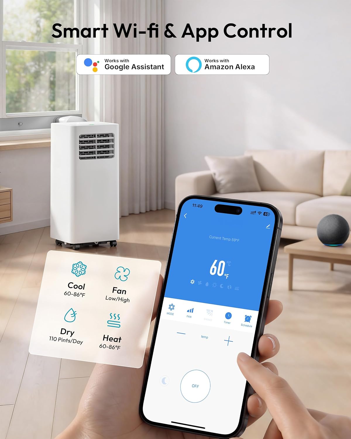 EUHOMY 12,000 BTU Portable Air Conditioners, 4-in-1 Unit with Cools, Heat, Dehumidifier, fan 550 Sq.Ft. with 450 CFM Airflow, App/Remote Control, Window Kit, for bedroom, livingroom