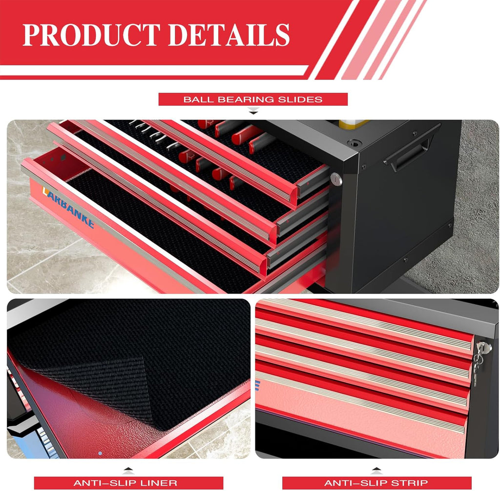 LARBANKE 4-Drawer Tool Box, Portable Tool Box with Lock&Keys,Toolbox with Waterproof and Rust-resistant Countertop,Anti-collision Corner,Special Connection Rods for Stacking with 5/7-Drawer Tool Chest