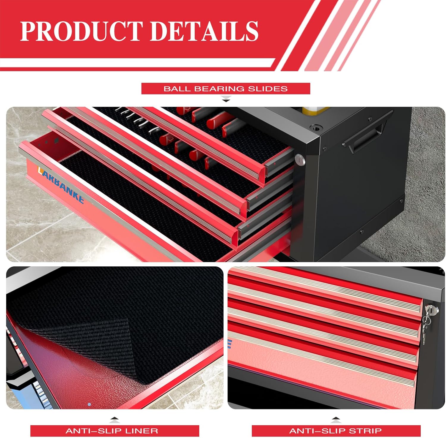 LARBANKE 4-Drawer Tool Box, Portable Tool Box with Lock&Keys,Toolbox with Waterproof and Rust-resistant Countertop,Anti-collision Corner,Special Connection Rods for Stacking with 5/7-Drawer Tool Chest