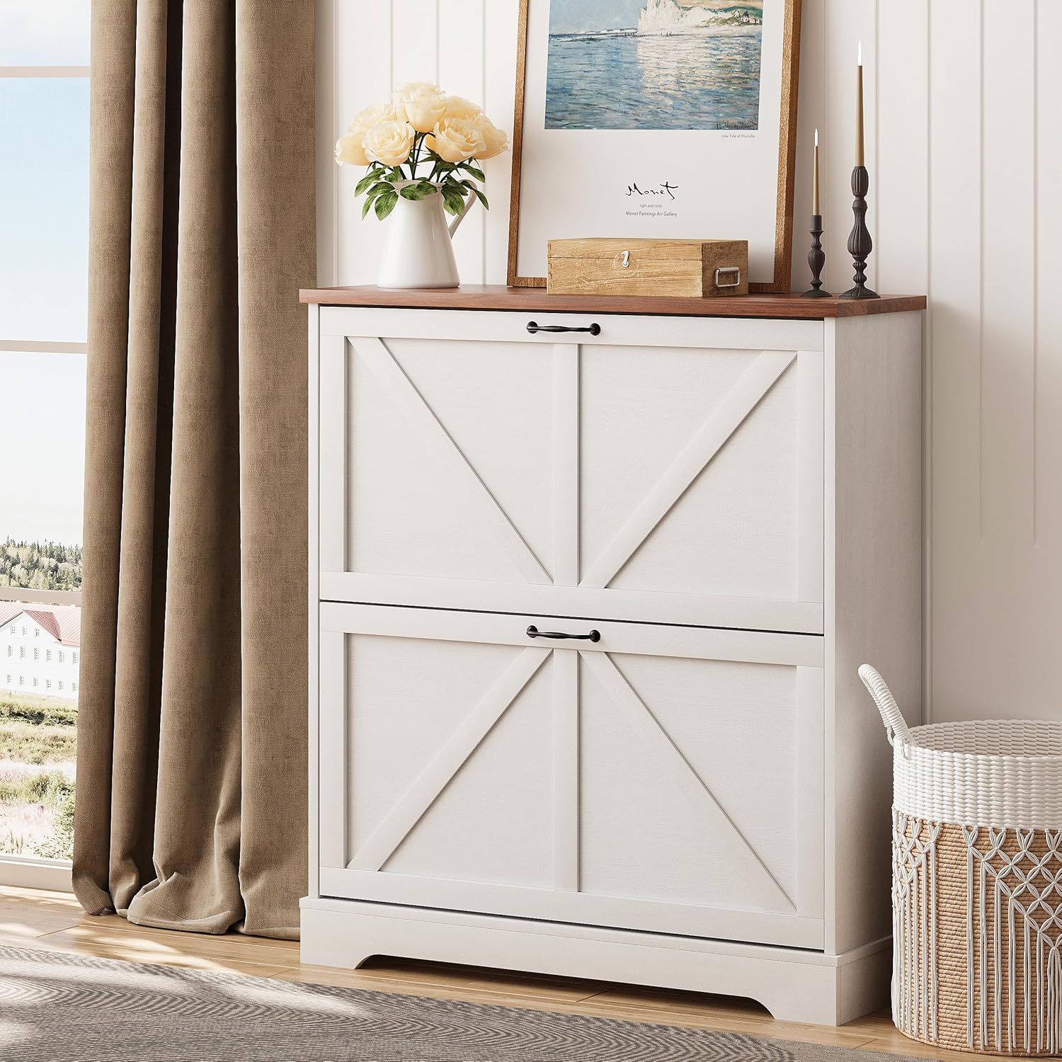 Smart FENDEE Shoe Cabinet, Shoe Storage Cabinet for Entryway with 2 Flip Drawers, Narrow Farmhouse Shoe Organizer Cabinet, Slim Shoe Rack Cabinet, White