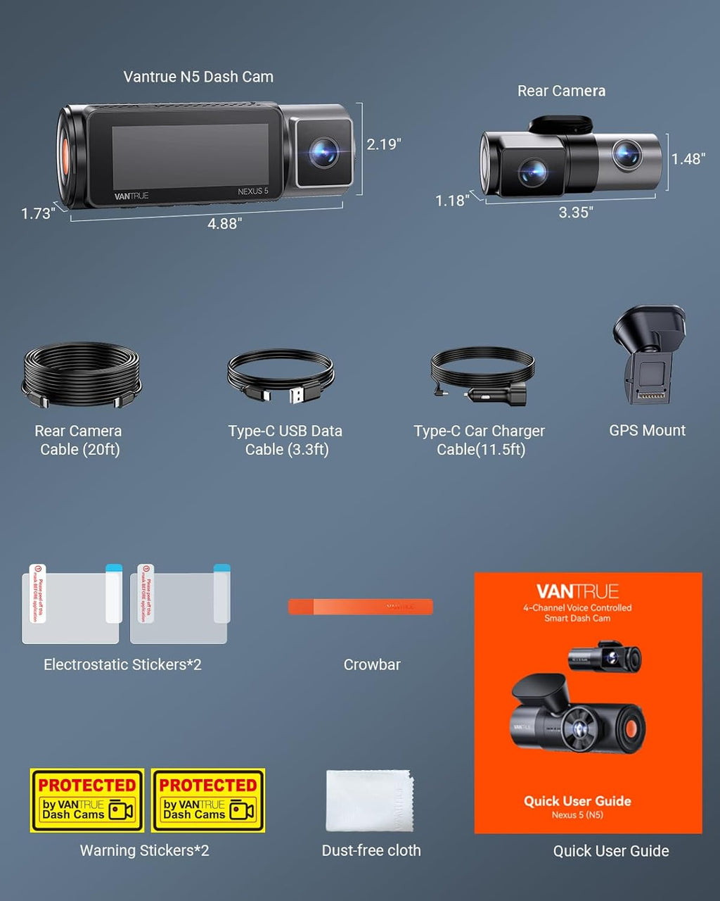 Vantrue N5 4 Channel WiFi 360° All Sides Dash Cam  STARVIS 2  IR Night Vision  2.7K+1080P*3 Front Rear Inside Dashcam  Voice Control  GPS  24 Hours Buffered Parking Mode Dash Camera  512GB Max (N5)