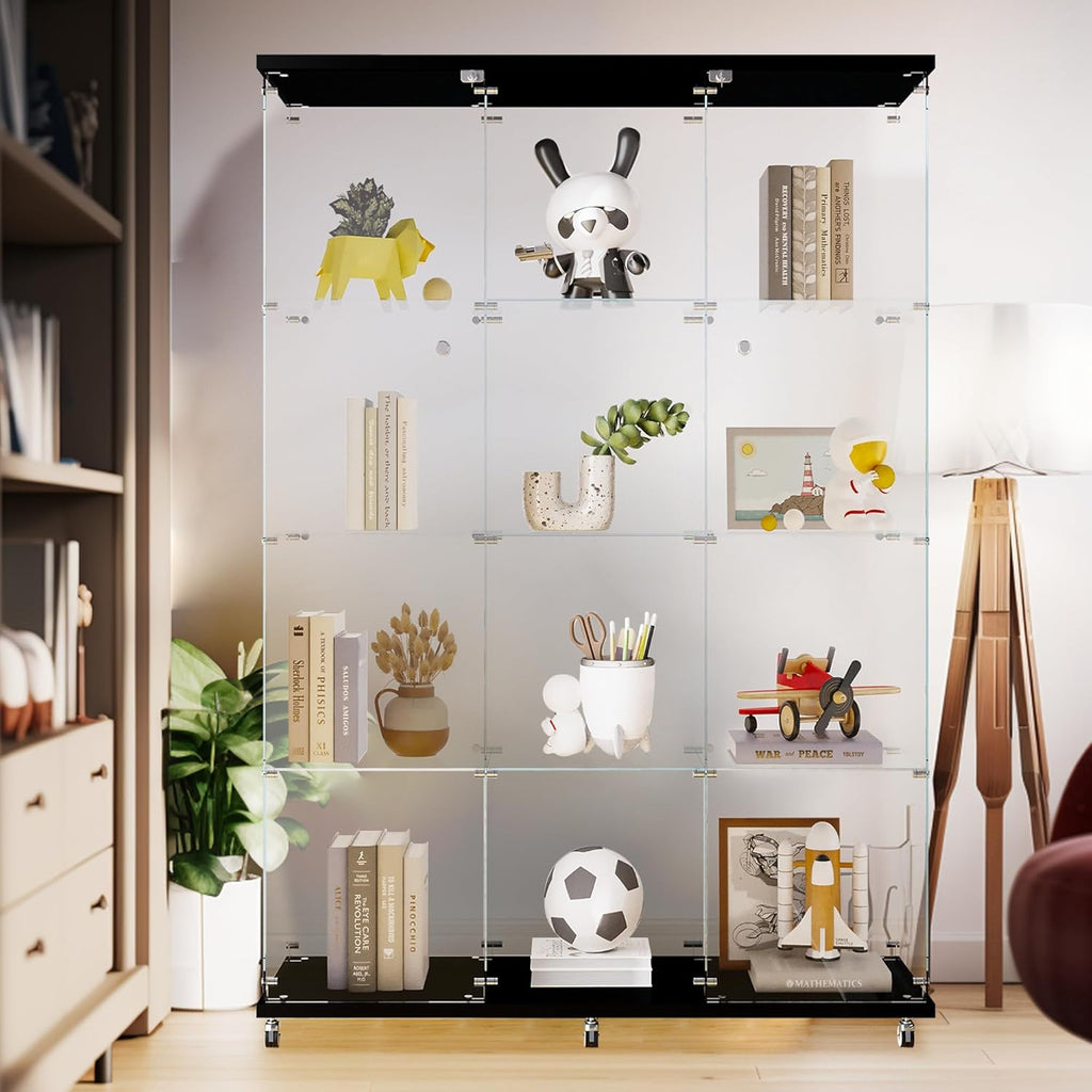 LFT HUIMEI2Y Glass Display Cabinet 12 Shelves with 3 Columns 2 Doors and Lock, Extra Large DIY Curio Cabinets Quick-Install Style Tempered Glass Bookshelf for Living Room, Bedroom, Black