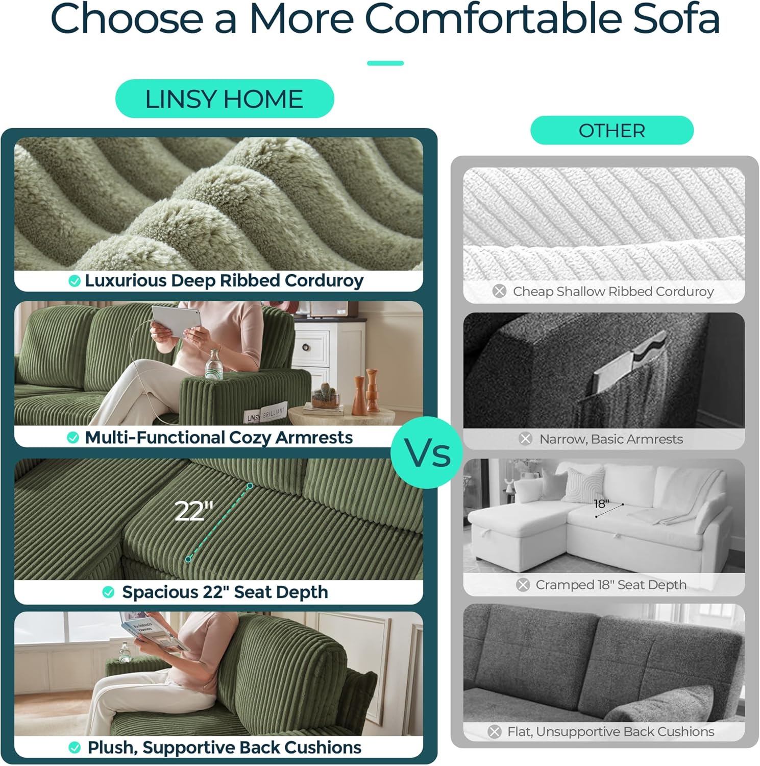 LINSY HOME Pull Out Sleeper Sofa Sectional Couches for Living Room, L Shaped Plush Corduroy Couch with Storage&USB Charging, Convertible Cloud Sectional Sofa Bed for Apartment, Green