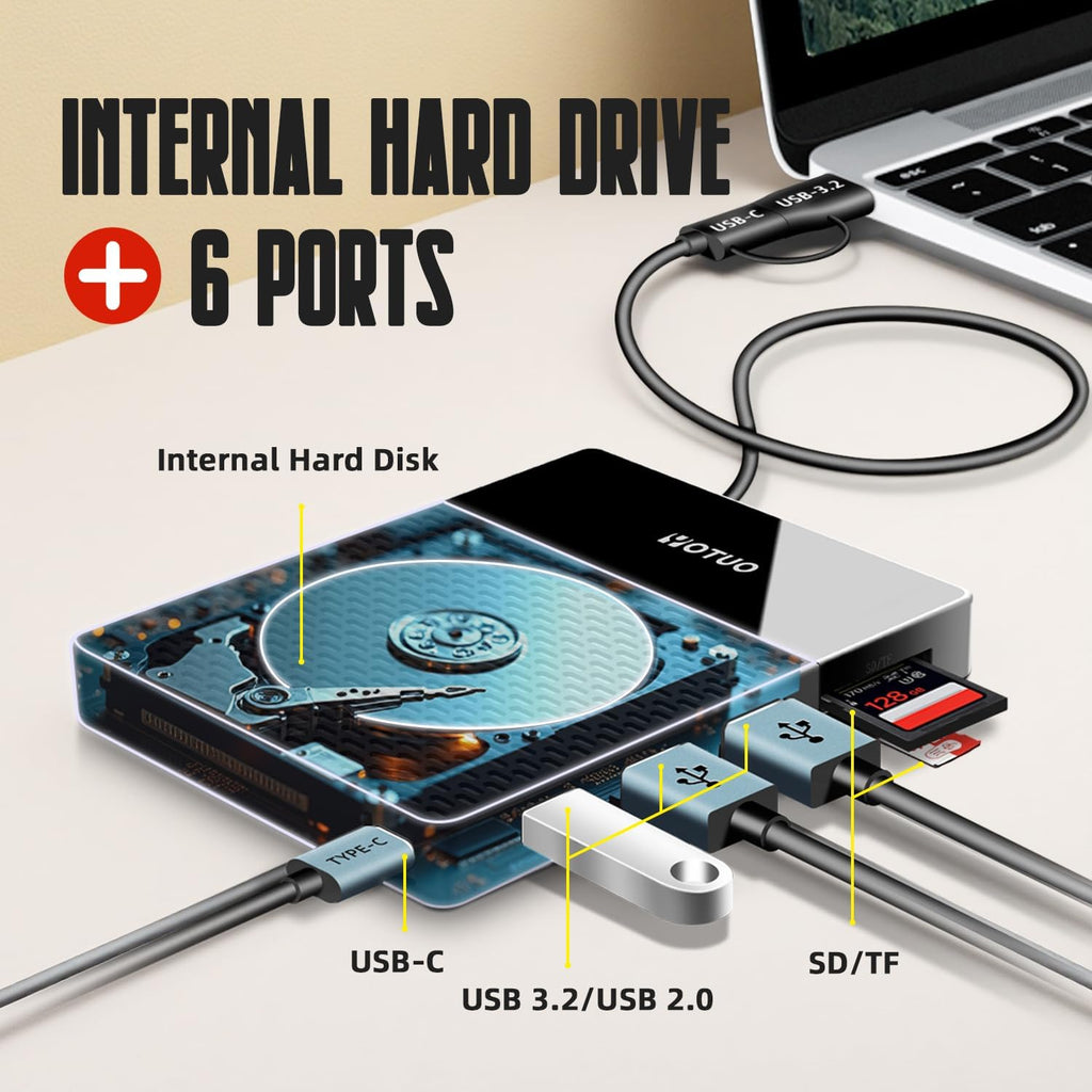 YOTUO 1TB External Hard Drive, USB C Multiport Hub HDD 7-in-1, USB 3.0, SD/TF Card Reader, Docking Station, Multi-Function HDD for Windows, Mac, Android, TV, iPhone 15/16/17, Laptop, Desktop, PC