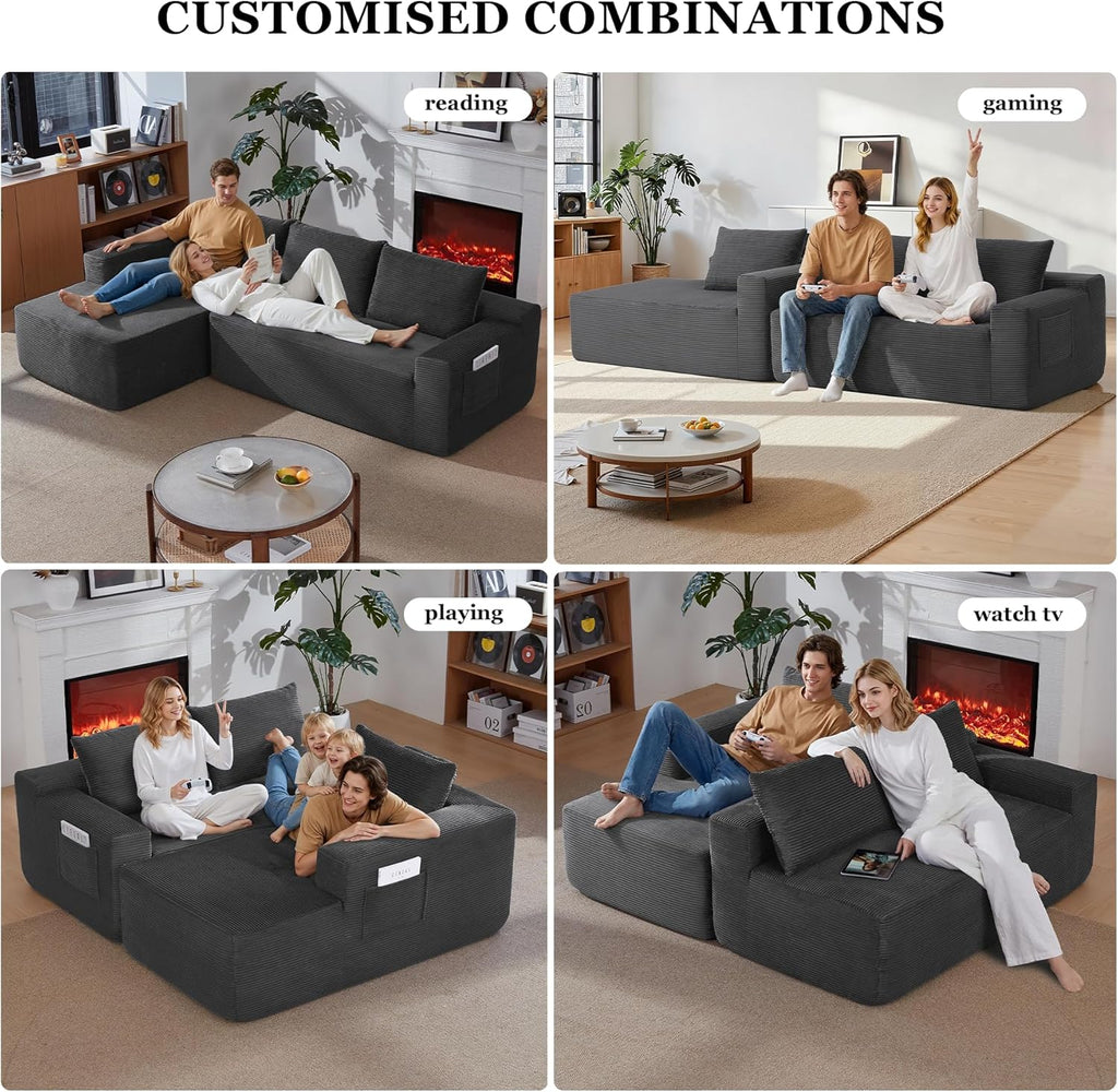 97" Cloud Sectional Couch, Modern Boneless Couch with L-Shape Chaise, Deep Seat Modular Sectional Sofa Corduroy Corner Foam Couches for Living Room,No Assembly Required(Dark Gray, Left Chaise
