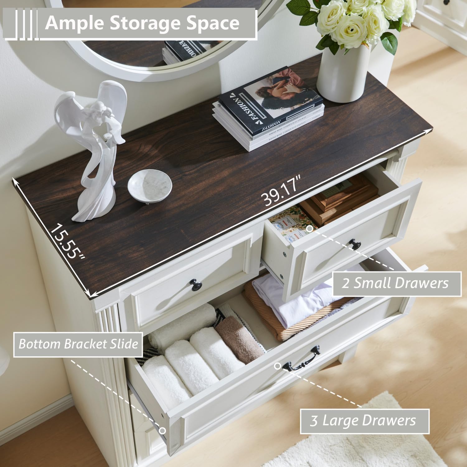 Farmhouse 5 Drawers Dresser for Bedroom, 46" Tall Dressers & Chests of Drawers w/Roman Column, Large Storage Dressers Organizer for Bedroom, Hallway, Living Room, White