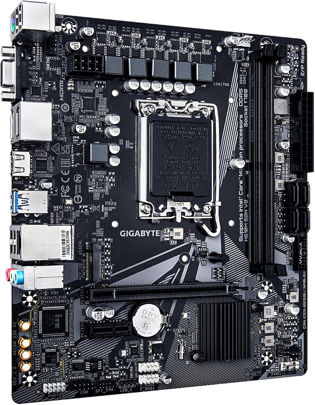 GIGABYTE H610M S2H V2 Motherboard, Supports 14th/13th/12th Gen Intel Core Processors (LGA 1700), mATX, DDR5, 1x M.2, PCIe 4.0, USB-C, HDMI, 2X DisplayPort, D-Sub, 1GbE LAN