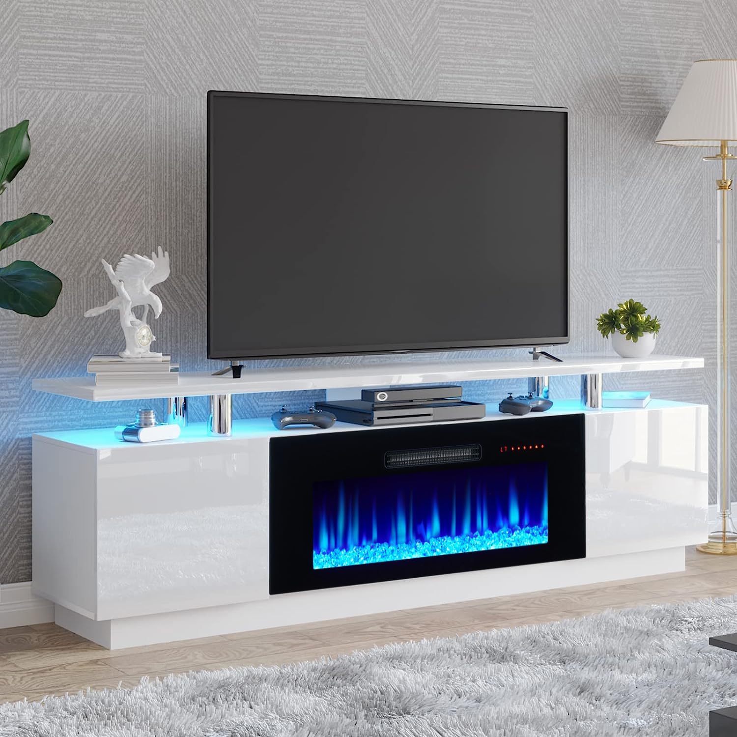 AMERLIFE Fireplace TV Stand with 36" Fireplace, 70" Modern Fireplace Entertainment Center LED Lights, 2 Tier TV Console Cabinet for TVs Up to 80", Ivory White