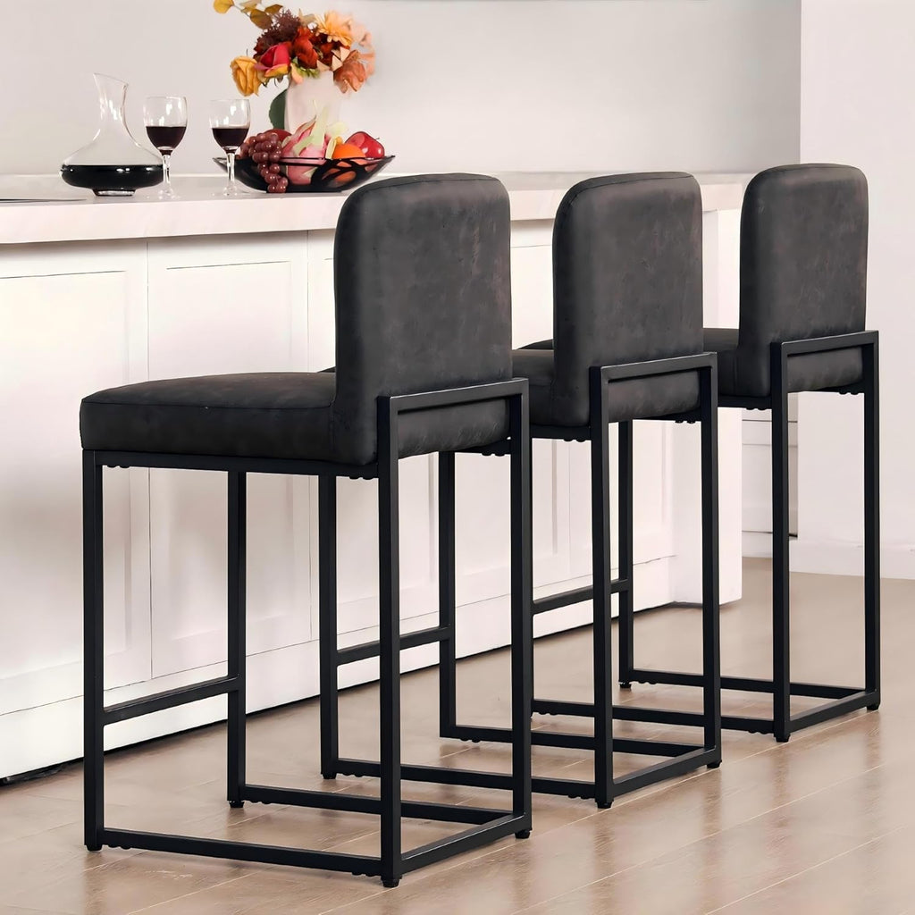 ALPHA HOME 24 Inch Bar Stools, Kitchen Counter Stools with Backs, Black Bar Stools Set of 4, PU Leather Barstools, Kitchen Stools with Back&Upholstered Footrest, Sturdy Chromed Metal Steel Frame
