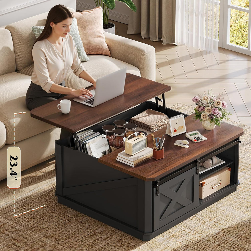 WLIVE Framhouse Coffee Table with Storage, 35.5" Lift Top Coffee Table for Living Room, Square Center Table, Rustic Cocktail Table with Sliding Barn Doors, Curevd Base, Black
