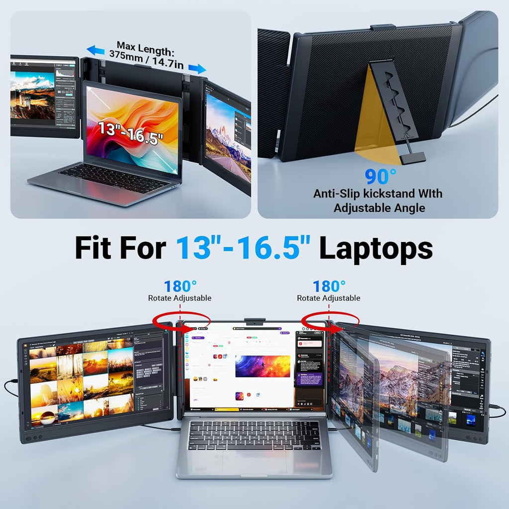 Ygretyrjh Laptop Screen Extender  14" Triple Portable Monitor for Laptop  1080P FHD IPS Screen Extender Monitors for 13"-17"  Travel Monitor for Mac/Windows/Chrome  Built-in Speakers
