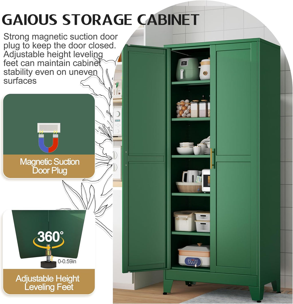 GAIOUS 75.2" Tall Kitchen Food Pantry, Pantry Cabinet with 2 Door and 5 Adjustable Shelves, Green Laundry Room Cabinets, Freestanding Pantry for Kitchen, Study Room, Dining Room and Entryway
