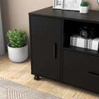 Panana Wood File Cabinet with Lock, 1-Drawer Wooden Office Lateral Filing Cabinet on Wheels Mobile Printer Stand with Open Storage Shelf for Letter/Legal/A4 Size Files (Black1)