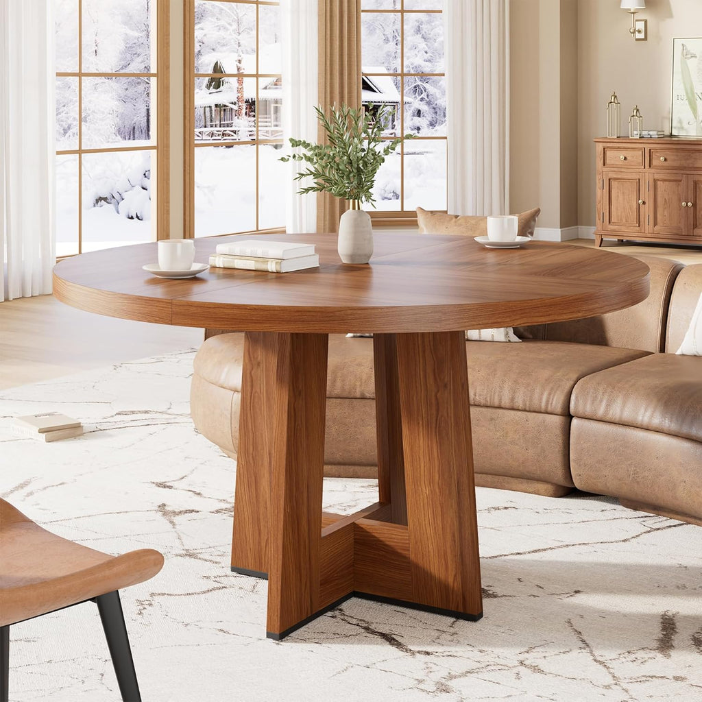 Garvee 47" Round Dining Table for 4-6 People - Circle Kitchen Dinner Table with Sturdy Pedestal Base, Space Saving Dinning Room Furniture for Living Room, Kitchen, Apartment, Light Walnut