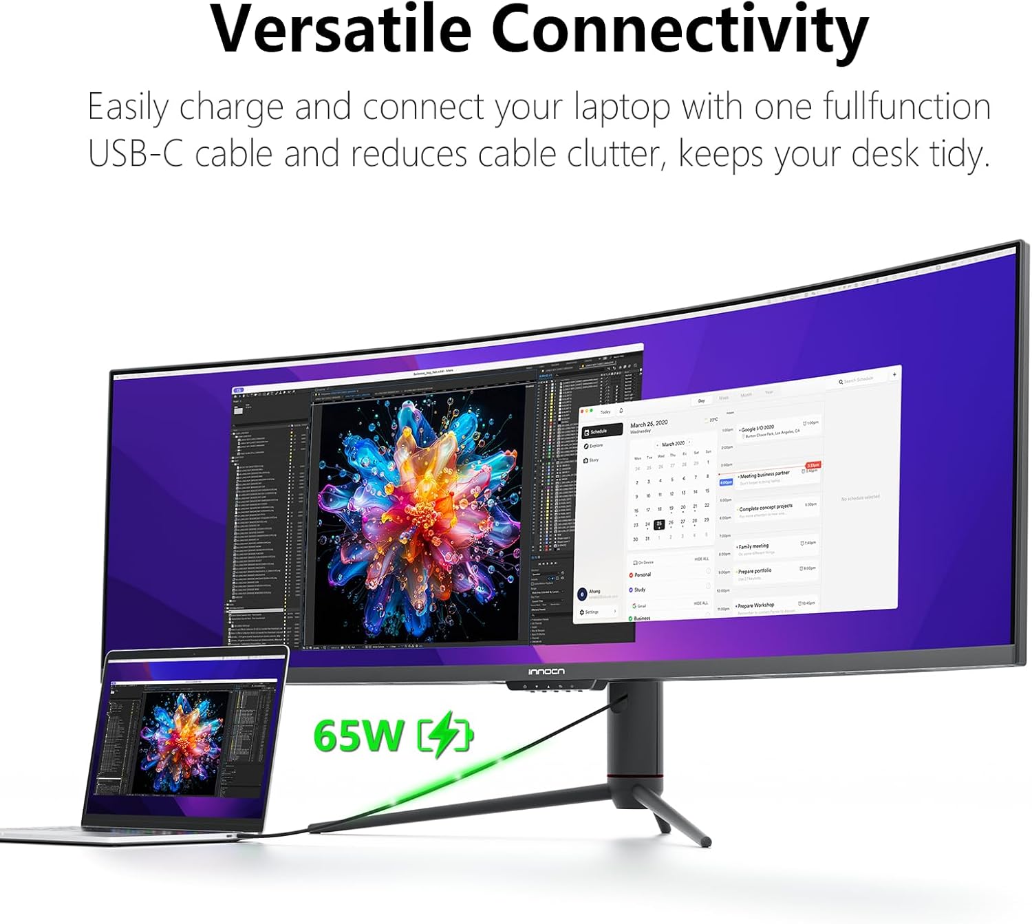 INNOCN 49" Curved Gaming Monitor 144Hz Ultrawide 32:9 WDFHD 3840 x 1080P  R1800  99% sRGB  HDR400  USB Type C  DisplayPort  HDMI  Built-in Speakers  Height/Tilt Adjustable - 49C1G