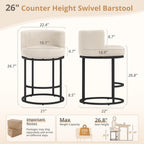 LUE BONA 26.8" Counter Height Bar Stools Set of 3, 180° Swivel Bar Stools, Modern Barrel Counter Stools with Back and Metal Frame, Fabric Upholstered Barstools for Kitchen Island, Linen Color