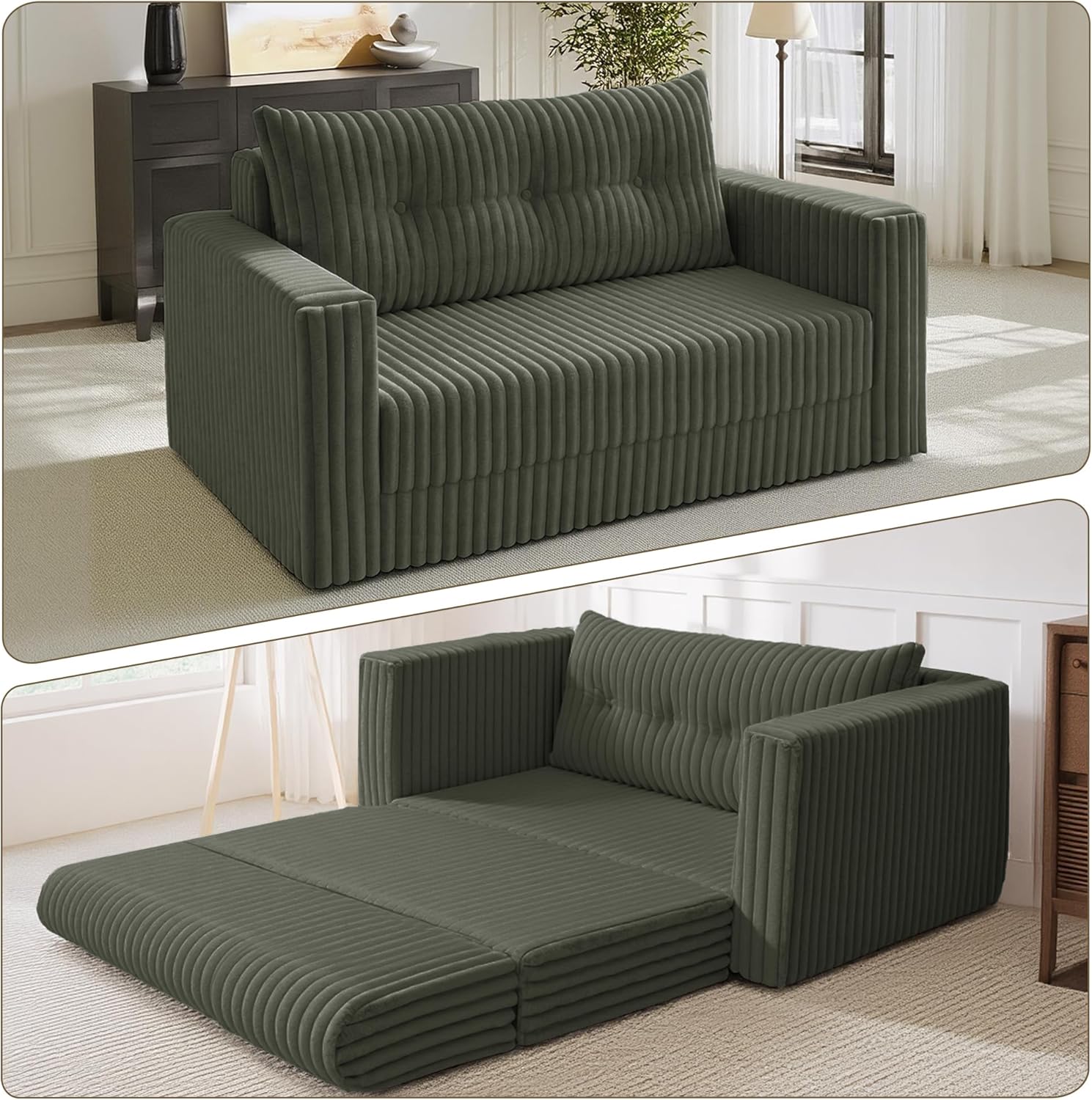 HABUTWAY Folding Sofa Bed, 2 in 1 Convertible Sleeper Chair with Pillow, Portable Fold Out Chair Bed with Armrest, Comfy Floor Couch, Lazy Sofa for Living Room Bedroom Dorm Home Office, Green