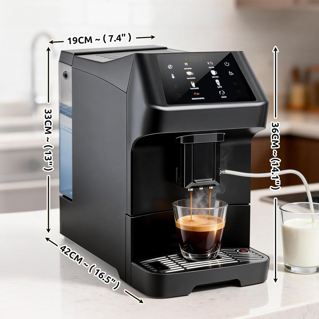 Automatic Espresso Coffee Machine with Grinder and Milk Frother, 19 Bar Pressure Extraction, Auto Cleaning & Descaling Function - for Latte, Cappuccino, Americano, Flat White, Iced & Hot Coffee