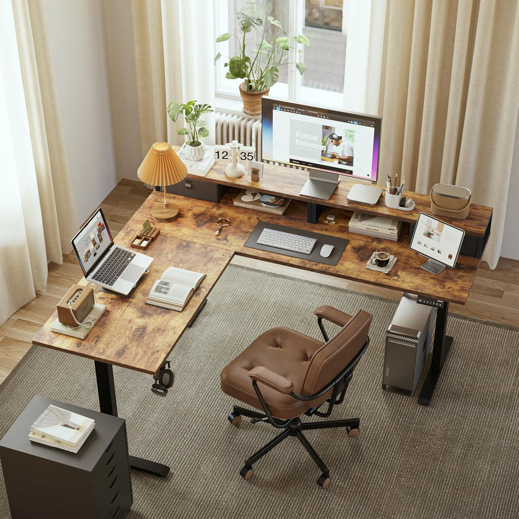 Agilestic L Shaped Electric Standing Desk with 2 Drawers, 63 Inch Ergonomic Adjustable Height Desk with Storage, Corner Desk Sit Stand up Computer Table for Work Office Home, Rustic Brown