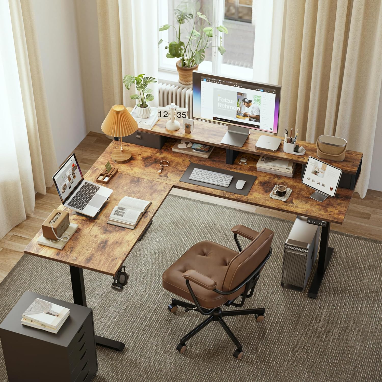 Agilestic L Shaped Electric Standing Desk with 2 Drawers, 63 Inch Ergonomic Adjustable Height Desk with Storage, Corner Desk Sit Stand up Computer Table for Work Office Home, Rustic Brown