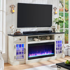 ACCOHOHO Farmhouse Fireplace TV Stand for 80 Inch TV, Entertainment Center w/ 36'' Electric Fireplace & LED Lights, Mordern Media Console with Storage Drawers & Cabinets for Living Room, White