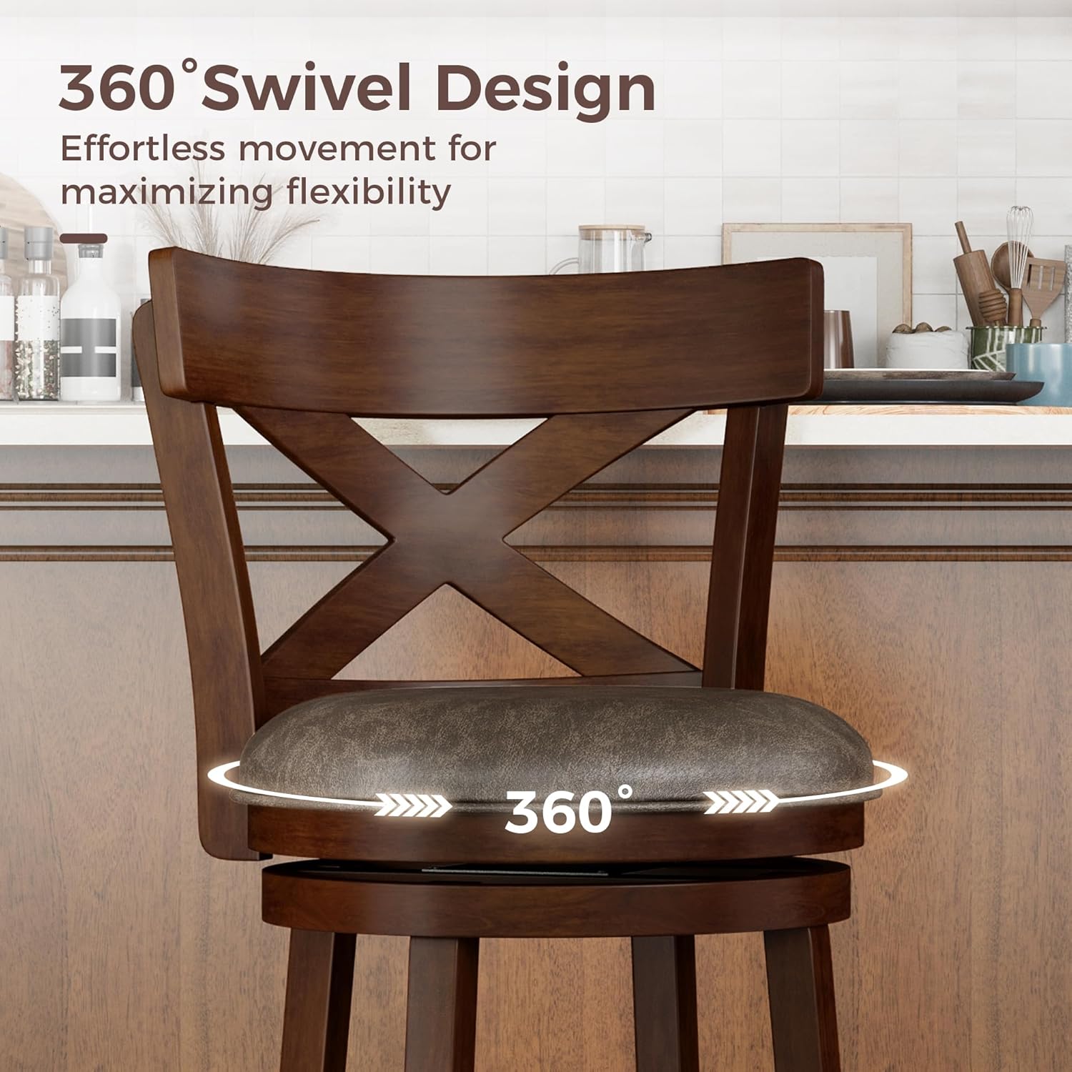 MAISON ARTS Swivel Bar Stools Set of 4, 30 Inch Bar Height Barstools with Backs, PU Leather Upholstered Seat Wood Bar Chairs with Wrap-Around Footrest for Kitchen Island, Pub, Walnut