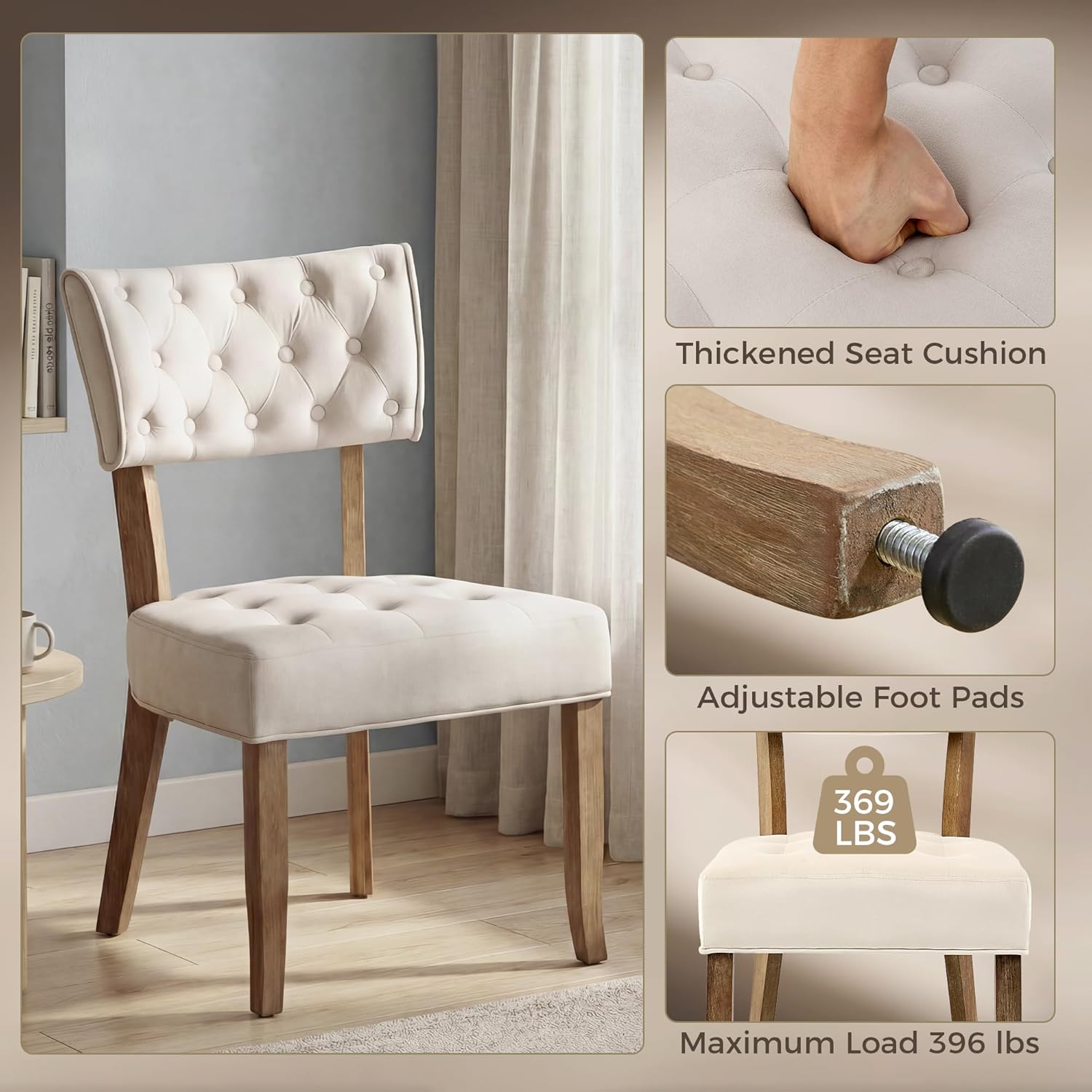 UVV Wooden Dining Chairs Set of 4, Mid Century Tufted Upholstered Kitchen Chairs Dining Room Chairs, Velvet Farmhouse Dinner Chair for Kitchen Dining Room, Beige