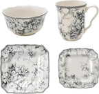 222 Fifth Adelaide Grey 16-Piece Floral Porcelain Dinnerware Set | Microwave and Dishwasher Safe Dining Set for 4 | Stackable and Chip-Resistant Plates Bowls and Cups | Gift for Housewarming & Wedding